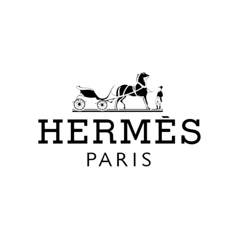 Hermès Paris Logo mit Pferdekutsche und Kutscher in Schwarz-Weiß auf weißem Hintergrund