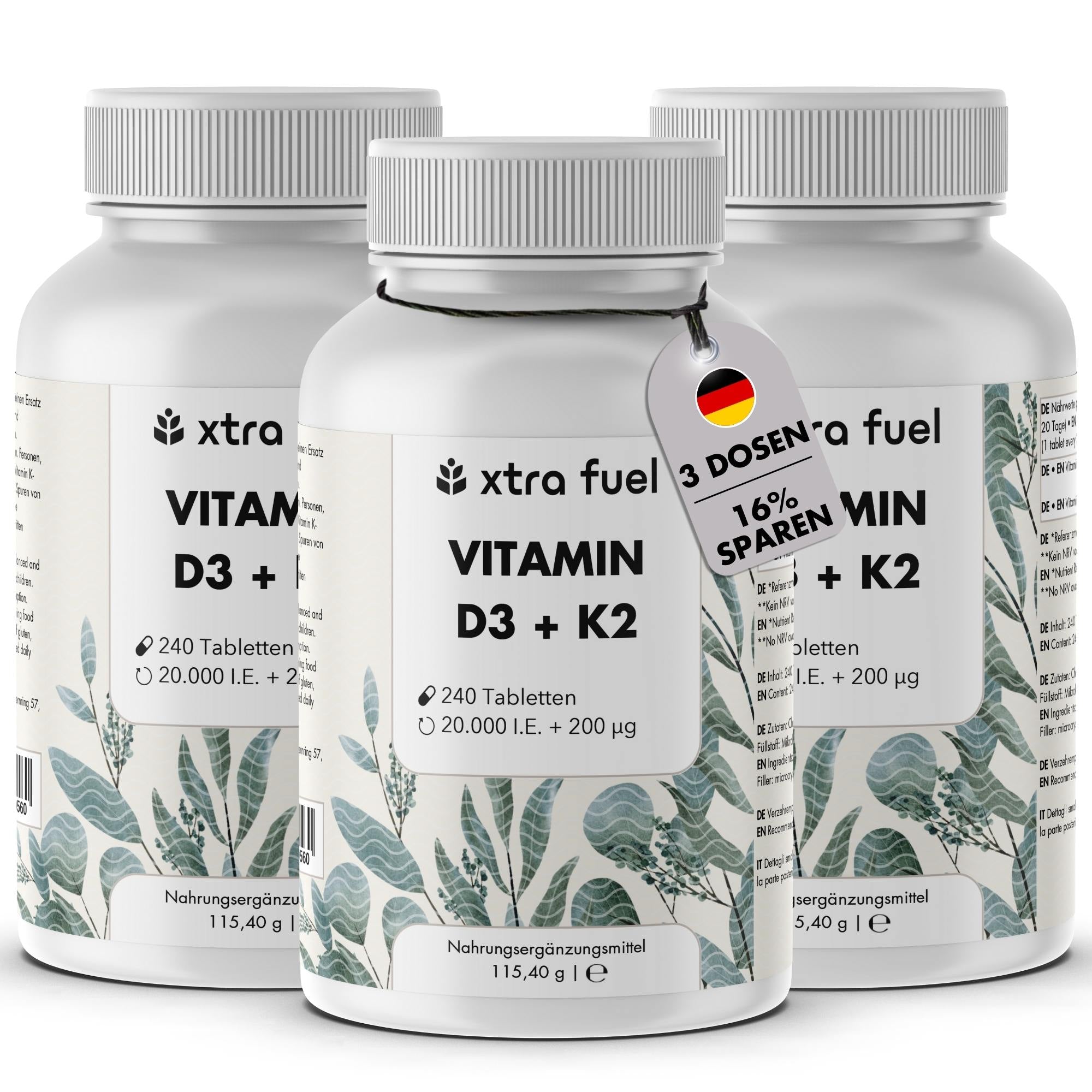 Vitamin D3 + K2 Tabletten - 20.000 I.E. + 200mcg - 100% rein & hochdosiert
