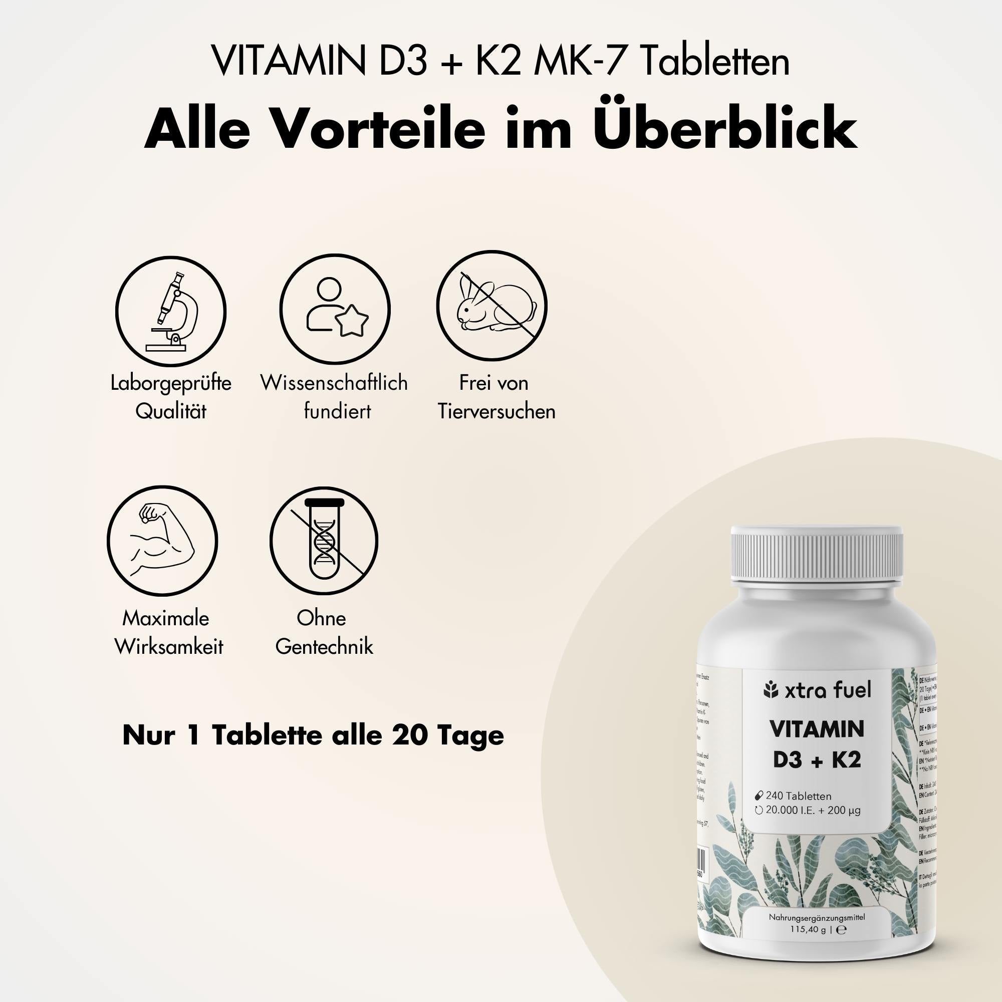 Vitamin D3 + K2 Tabletten - 20.000 I.E. + 200mcg - 100% rein & hochdosiert