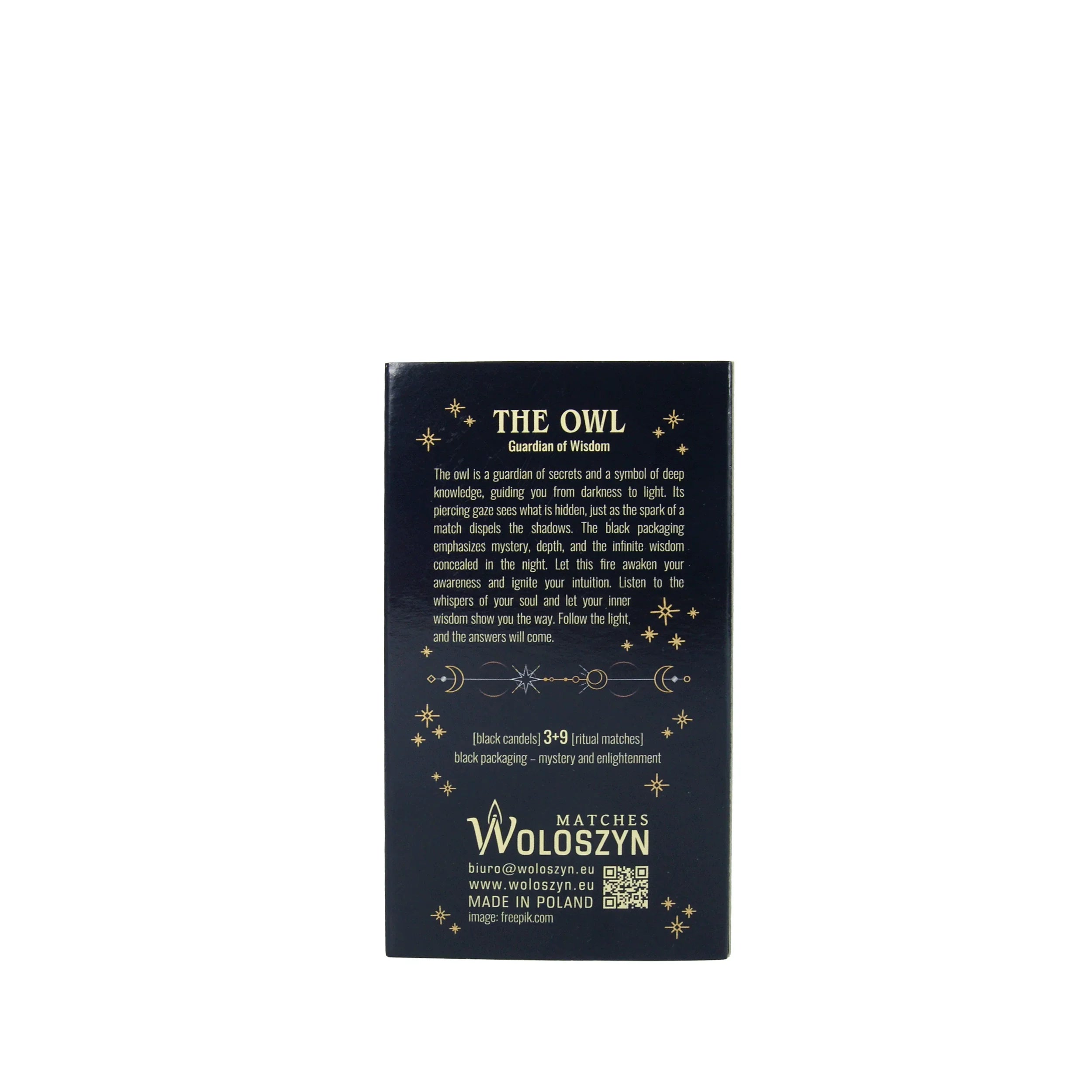 Ritual-Set „Die Eule – Hüterin der Geheimnisse“ – Schwarze Kerzen & lange Streichhölzer