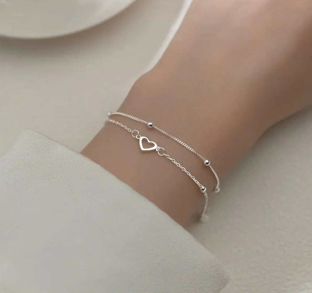 Armband aus 925er-Sterling-Silber, doppellagige Kette mit Herz