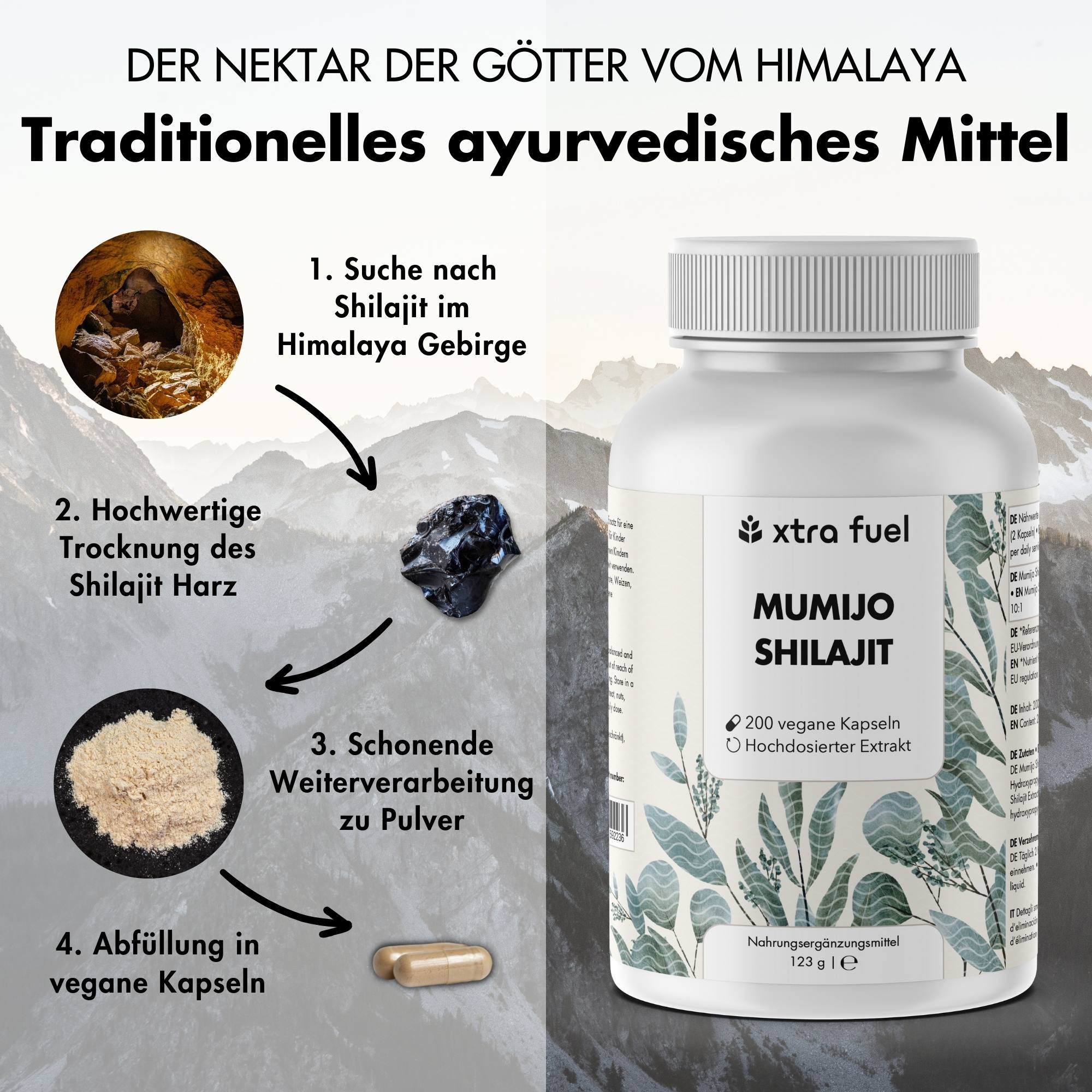 Shilajit Kapseln - 200x Mumijo Kapseln - Mit >80% Fulvinsäure