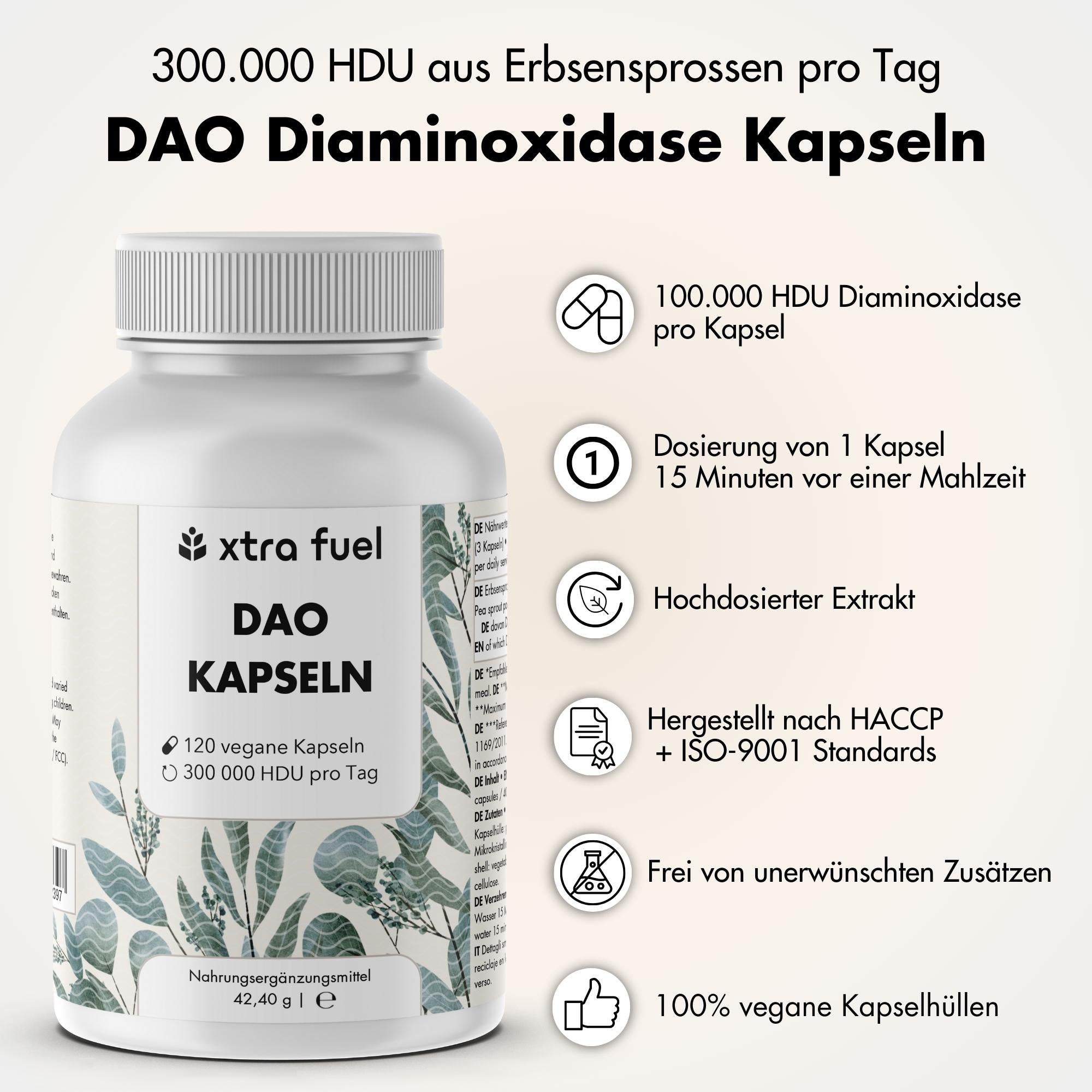 DAO Enzym Kapseln - Vegane Diaminoxidase aus Erbsensprossen - 300.000 HDU