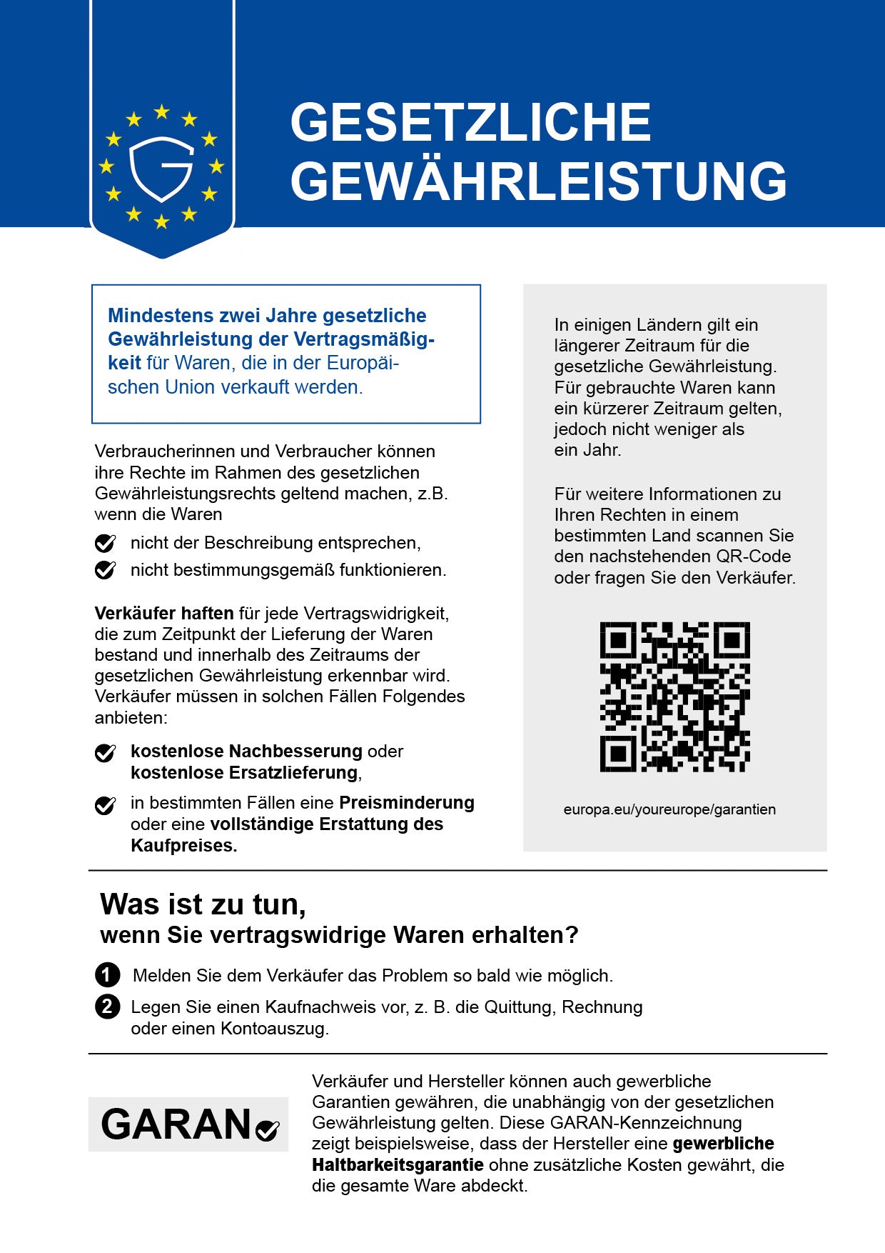 Gesetzliche Gewährleistung: Mindestens zwei Jahre gesetzliche Gewährleistung für Waren, die in der Europäischen Union verkauft werden