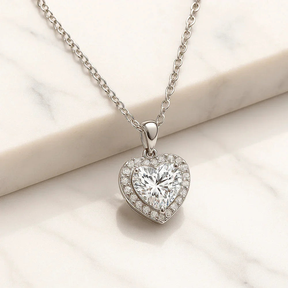 Kette mit Anhänger aus 925er Sterling-Silber, Herz mit Kristall