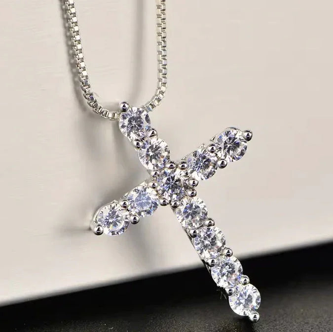 Kette mit Anhänger aus 925er Sterling-Silber, Kreuzanhänger aus Strass, 50cm