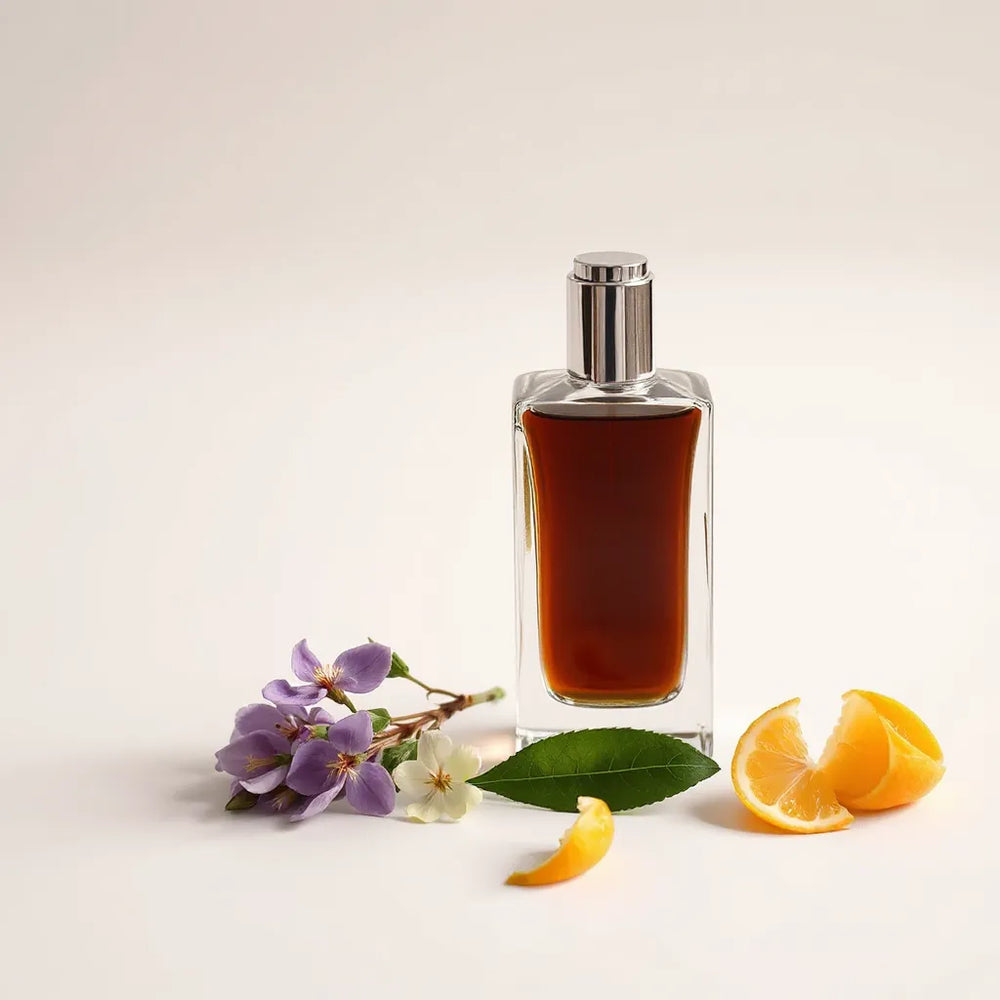 Elegante Parfümflasche mit dunkler Duftflüssigkeit und aromatischen Blättern auf hellem Hintergrund