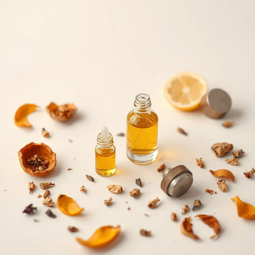 Edelglas-Vials und Pipette mit Duftöl sowie natürliche Rohstoffe auf hellem Hintergrund