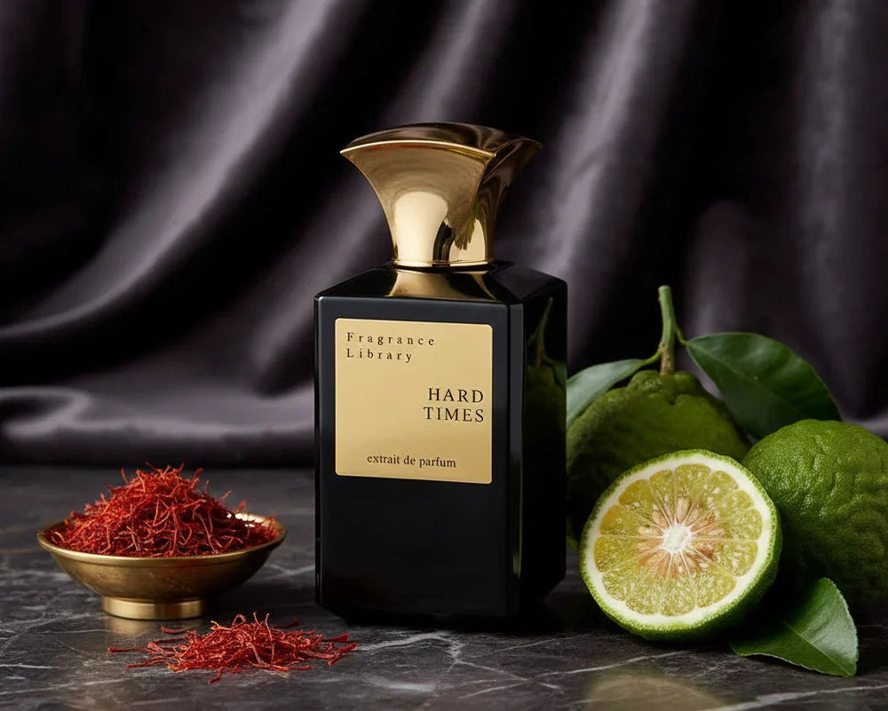 Luxus Parfumflakon mit goldener Kappe, Bergamotte und Safran auf dunklem Hintergrund