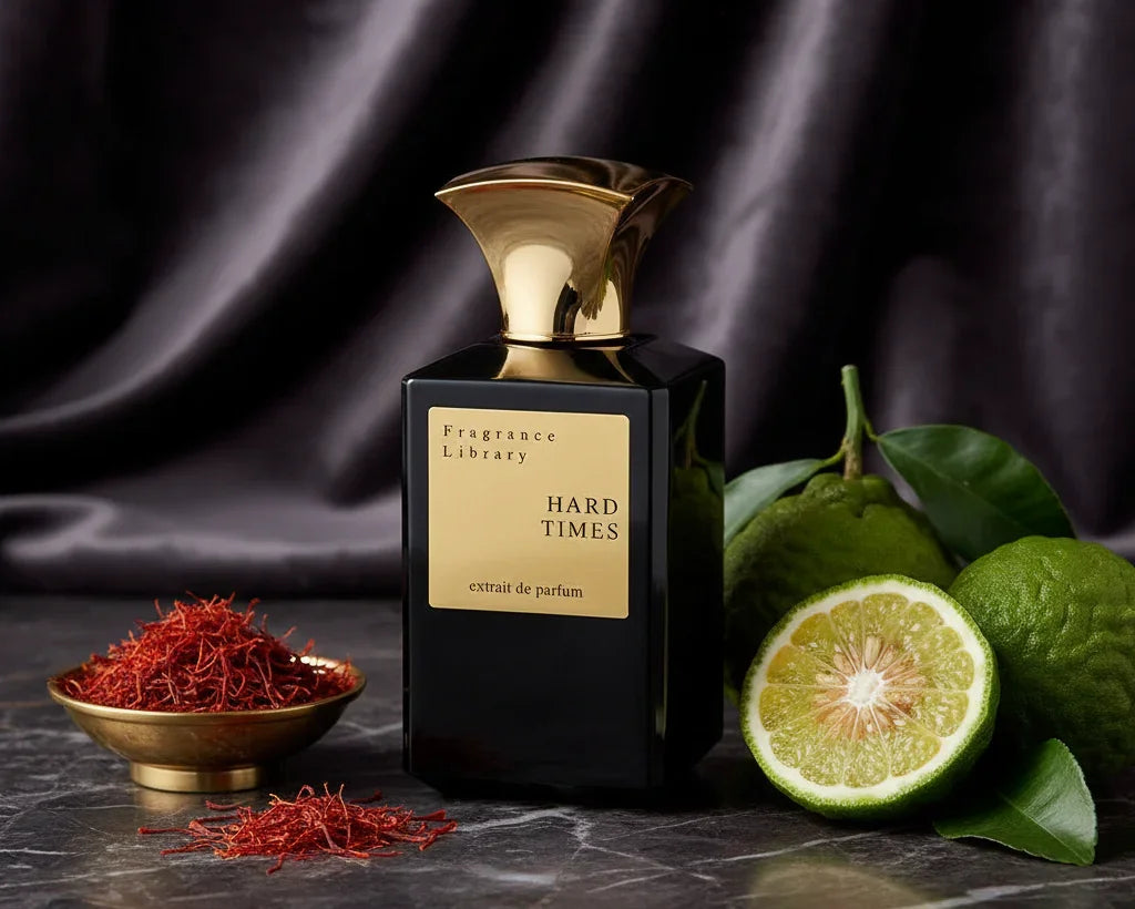 Luxus Parfumflakon mit goldener Kappe, Bergamotte und Safran auf dunklem Hintergrund