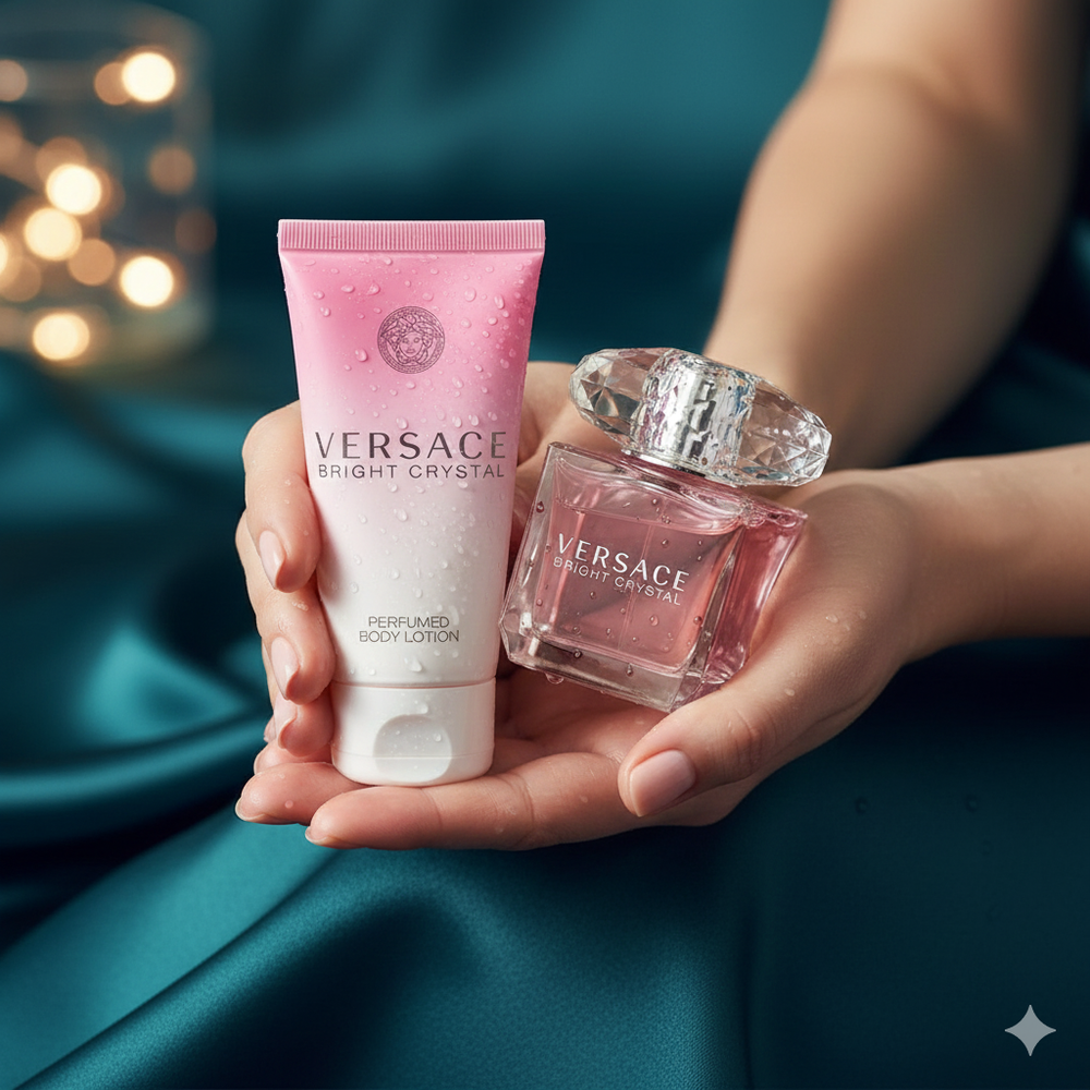 Frau hält Versace Bright Crystal Parfum und Bodylotion auf seidigem, türkisfarbenem Stoff.