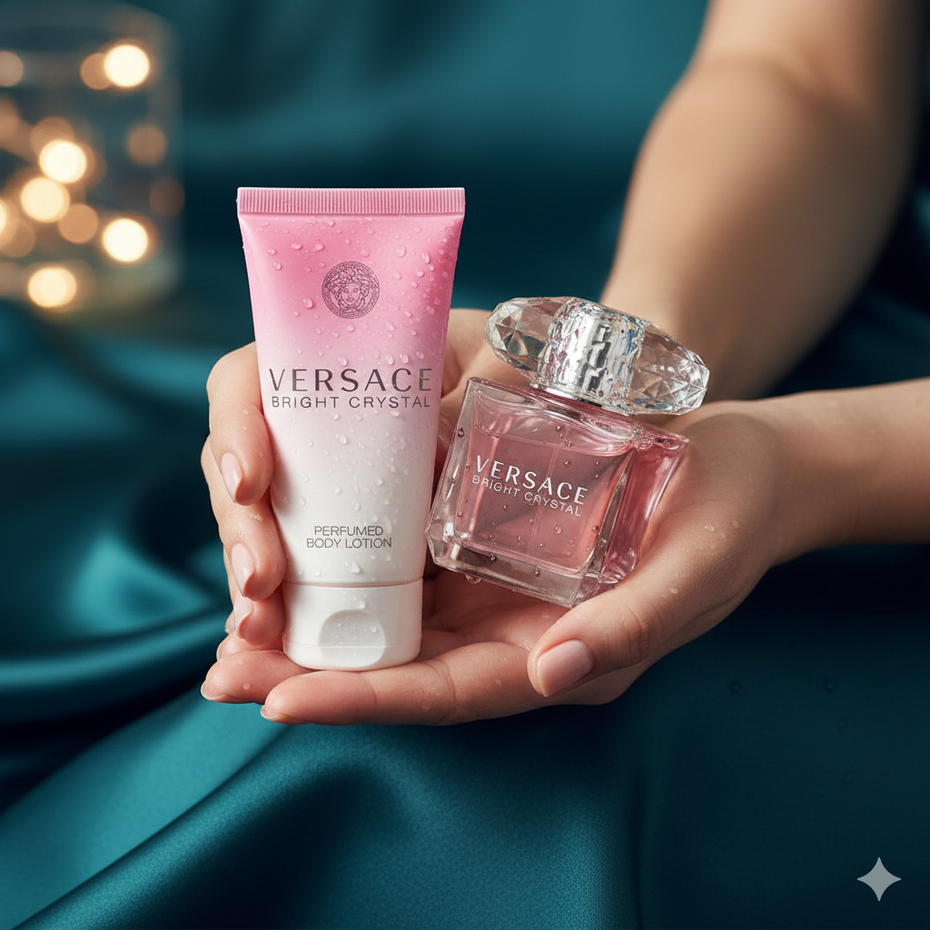 Frau hält Versace Bright Crystal Parfum und Bodylotion auf seidigem, türkisfarbenem Stoff.