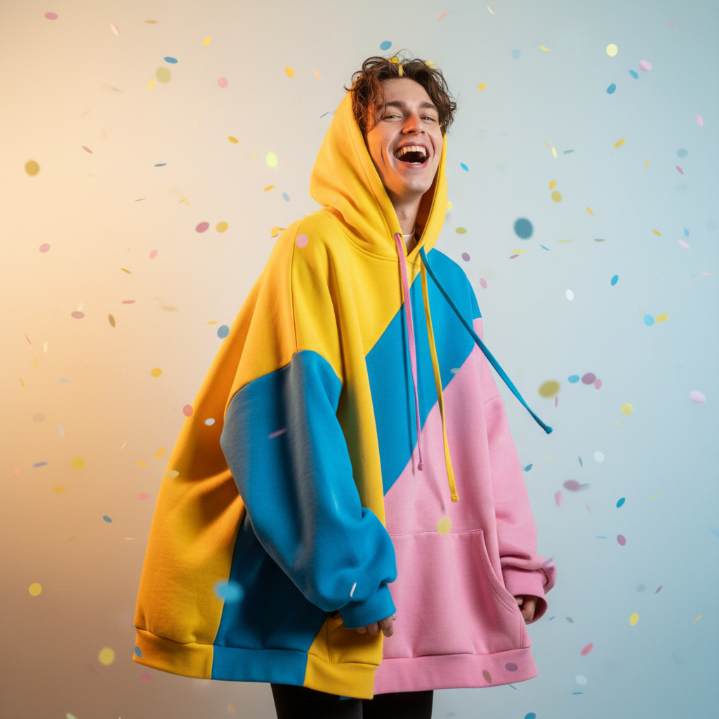 Young adult wearing a colorful hoodie, smiling and looking happy in bright, soft light