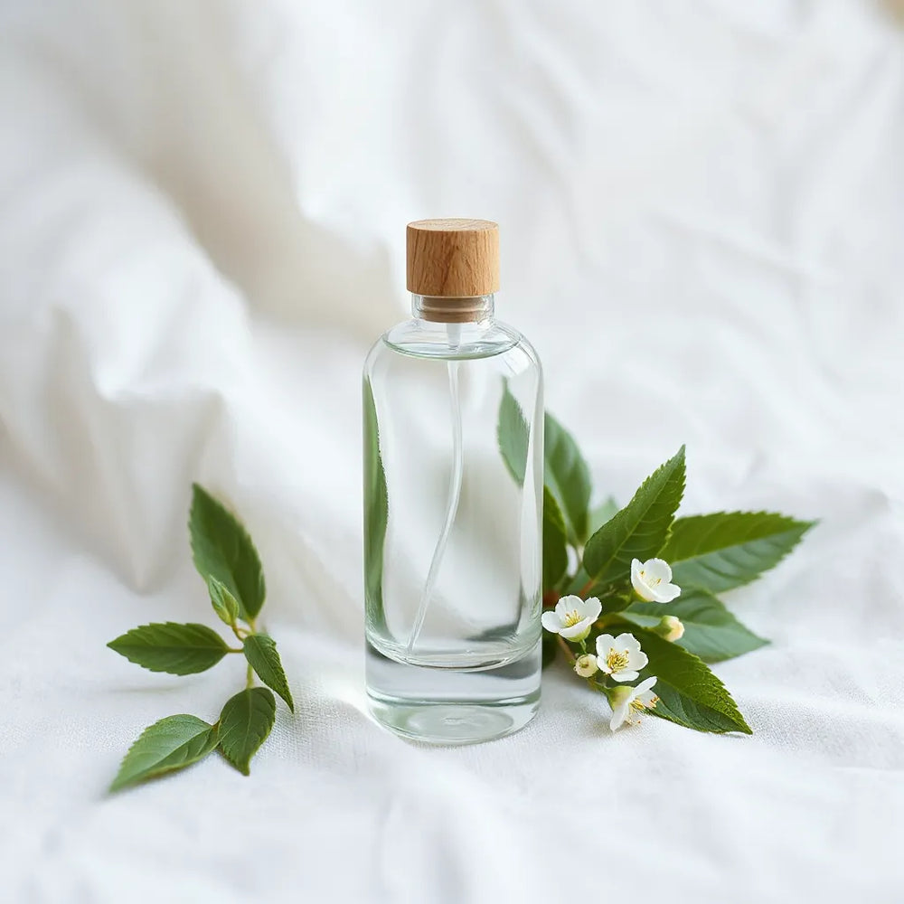 Elegante Parfümflasche mit grünen Blättern und weißen Blüten auf hellem Stoff