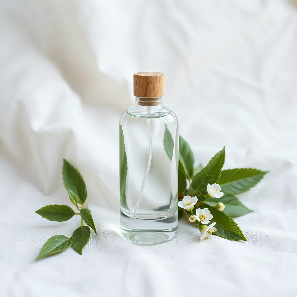 Elegante Parfümflasche mit grünen Blättern und weißen Blüten auf hellem Stoff