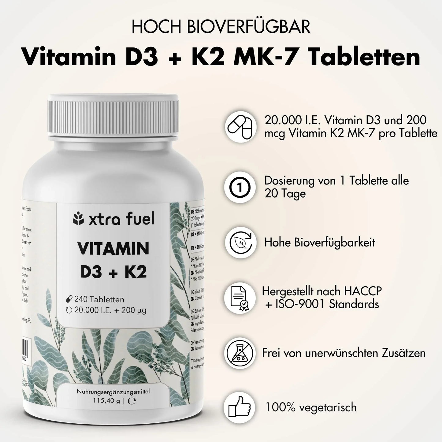 Vitamin D3 + K2 Tabletten - 20.000 I.E. + 200mcg - 100% rein & hochdosiert - BLACK ELIXIR - Maison de Parfum