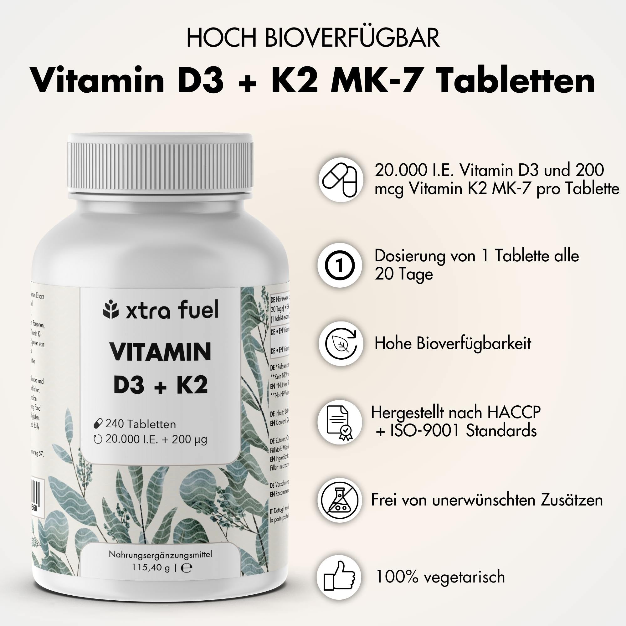 Vitamin D3 + K2 Tabletten - 20.000 I.E. + 200mcg - 100% rein & hochdosiert