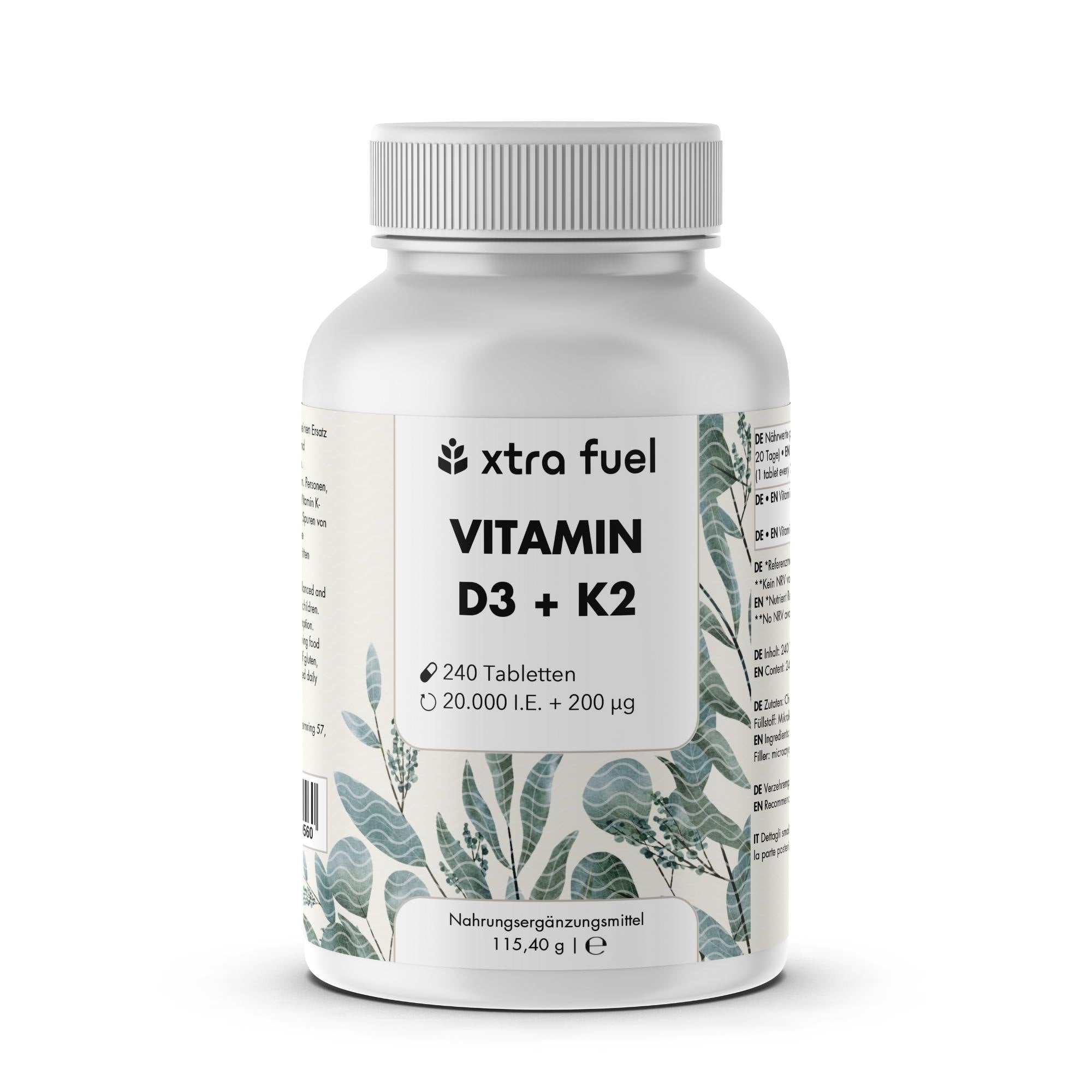Vitamin D3 + K2 Tabletten - 20.000 I.E. + 200mcg - 100% rein & hochdosiert