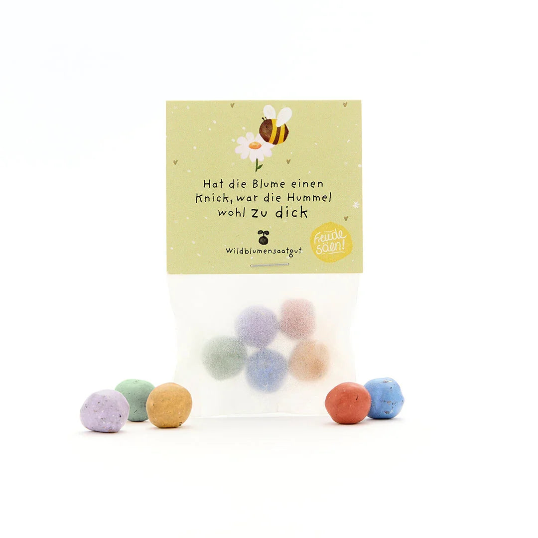 5 Blumenmurmeln im Tütchen "Hat die Blume einen Knick, war die Hummel wohl zu dick"