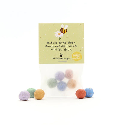 5 Blumenmurmeln im Tütchen "Hat die Blume einen Knick, war die Hummel wohl zu dick"