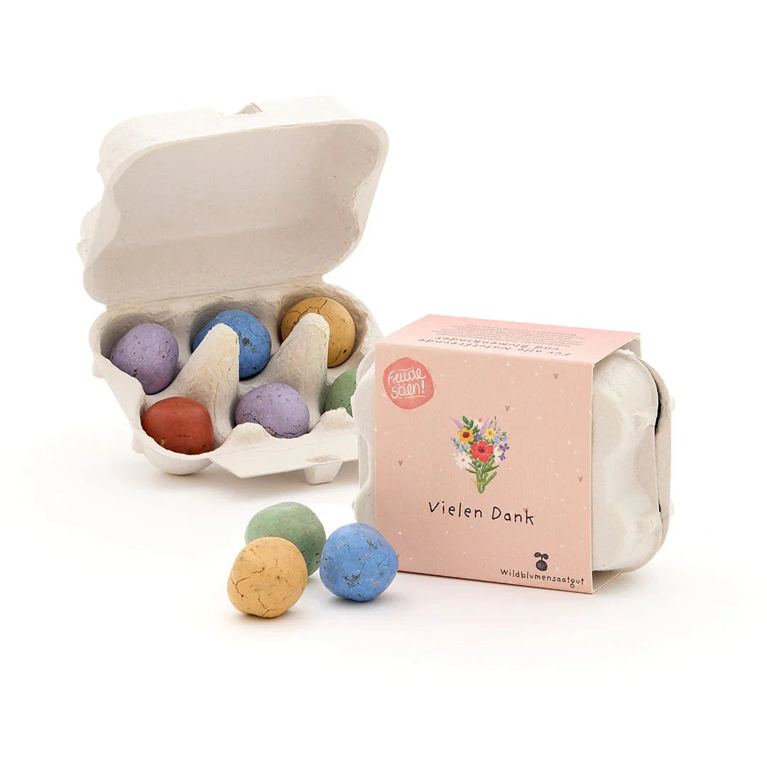 6 bunte Blumenmurmeln im Eierkarton 