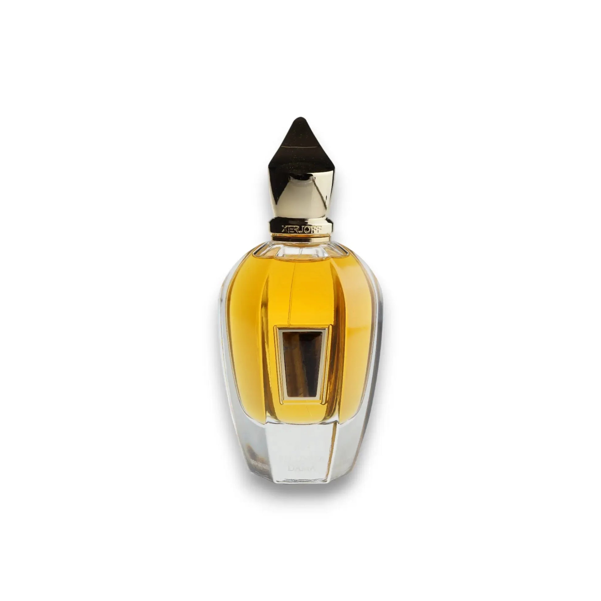 Luxuriöser Parfumflakon mit goldener Kappe und bernsteinfarbener Flüssigkeit, Produktfoto