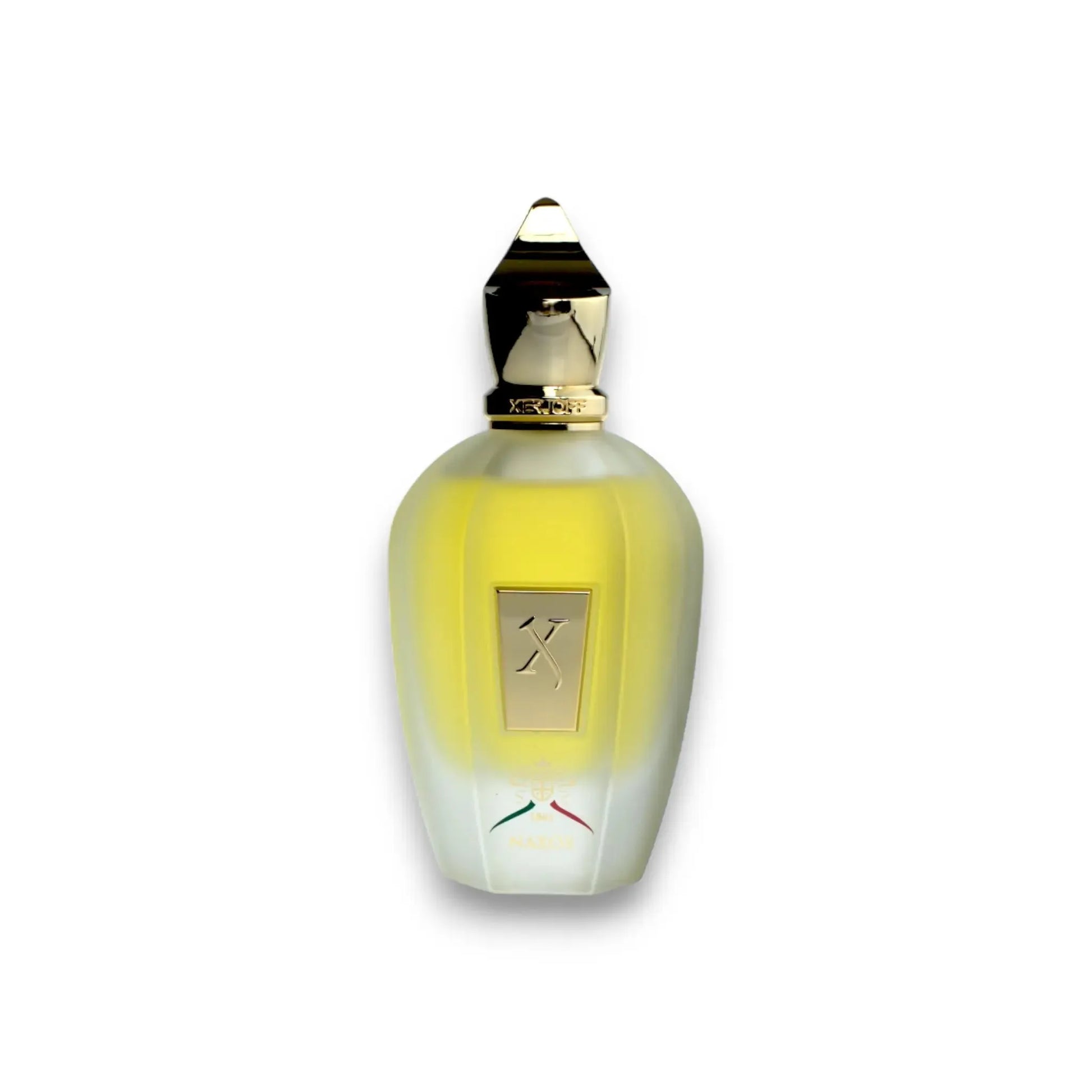 Luxuriöser Eau de Parfum Flakon mit goldfarbenem Verschluss auf weißem Hintergrund