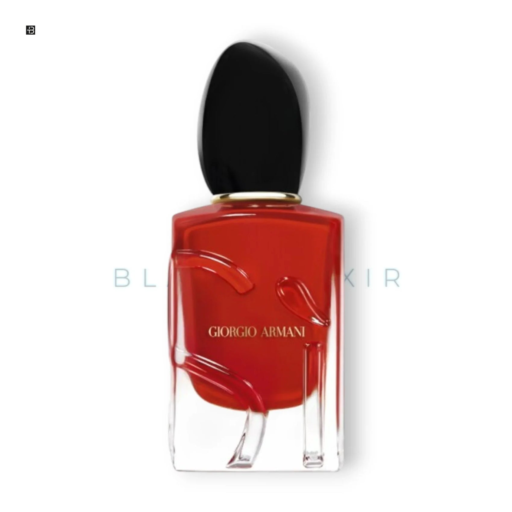 Luxuriöses rotes Parfumflakon mit schwarzem Verschluss und goldener Giorgio Armani Aufschrift