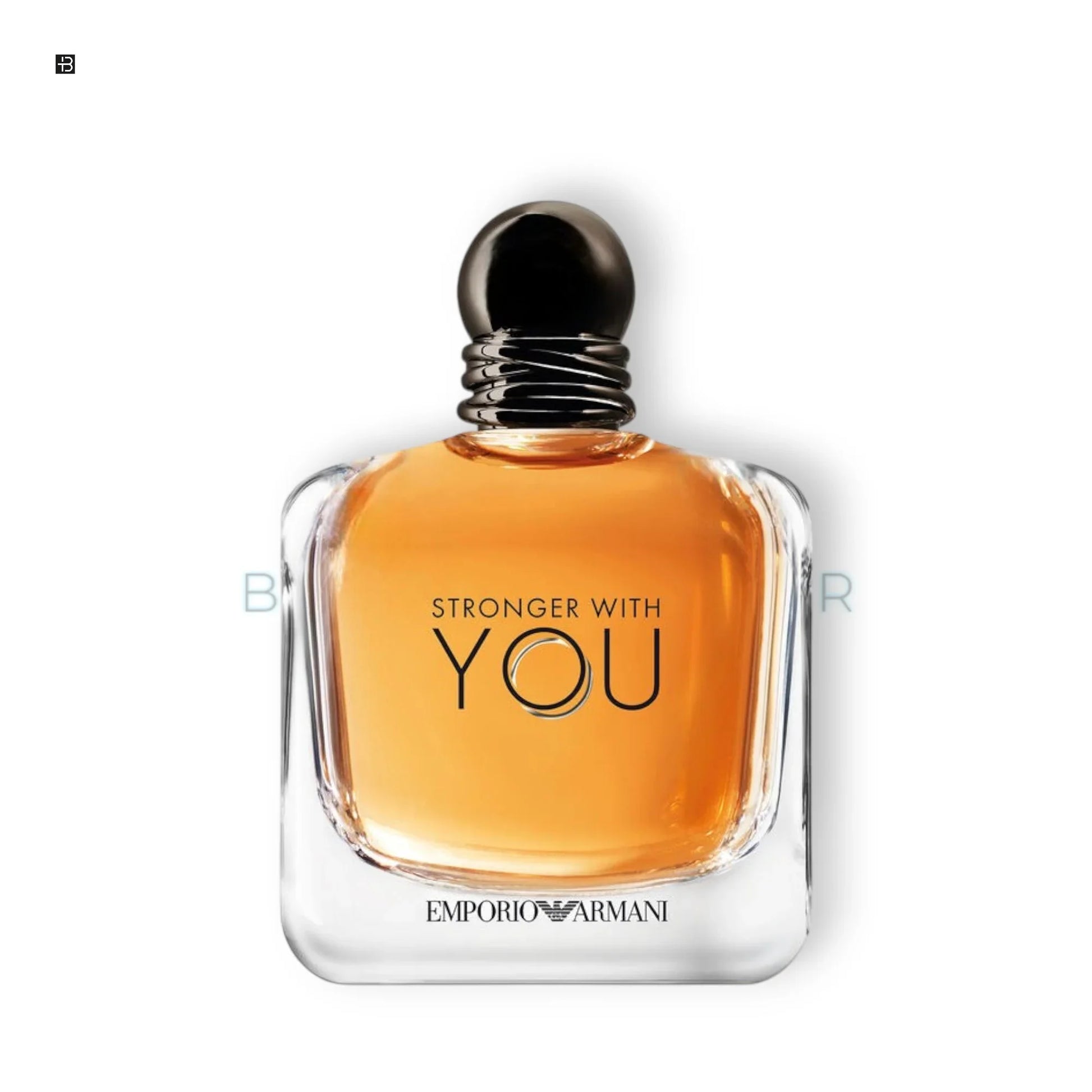 Emporio Armani Stronger With You Herrenduft, eleganter Parfumflakon mit bernsteinfarbener Flüssigkeit auf weißem Hintergrund