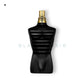 Luxuriöser Parfumflakon in Schwarz und Gold, stilisierte männliche Büste, moderne Optik