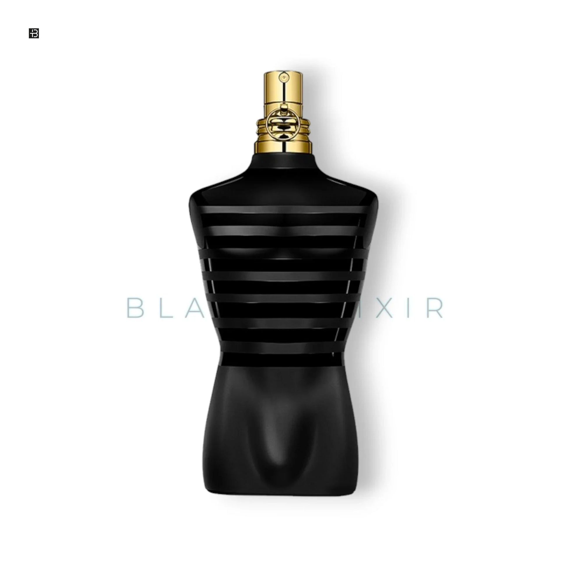 Luxuriöser Parfumflakon in Schwarz und Gold, stilisierte männliche Büste, moderne Optik