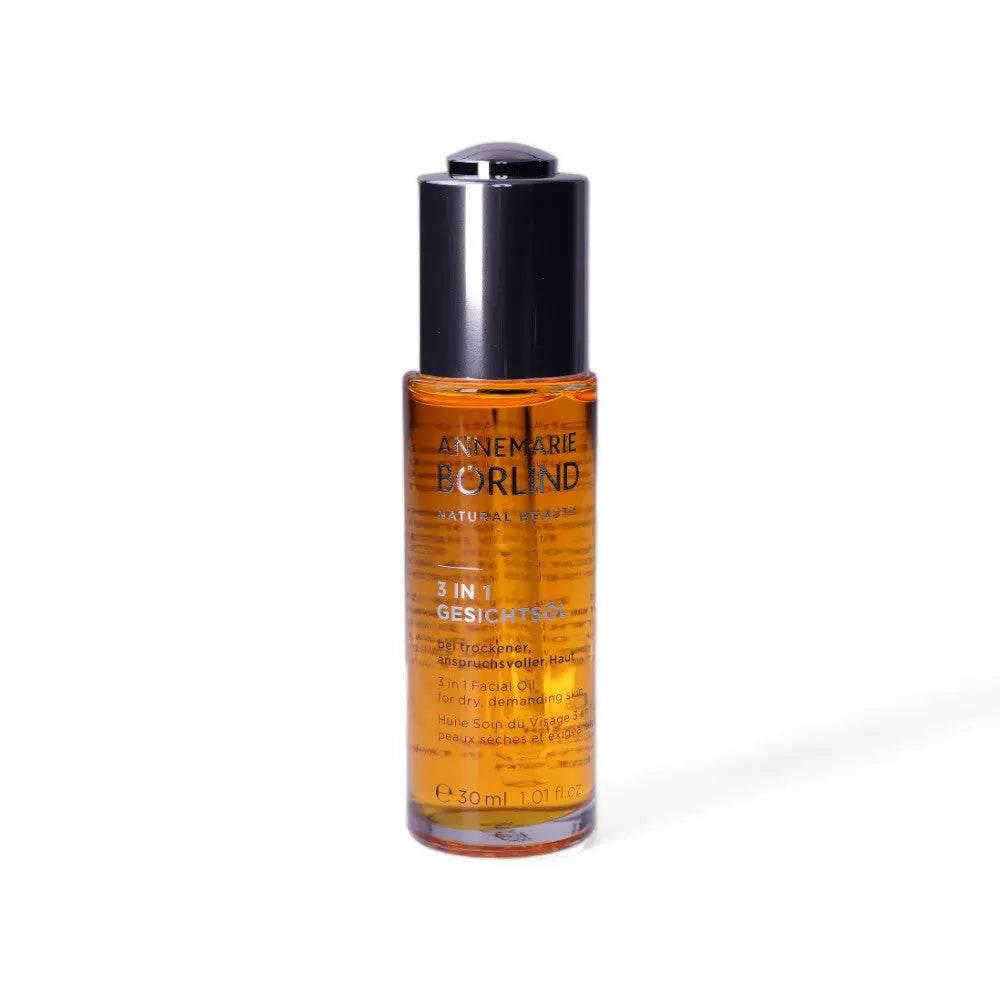 3-in-1 Gesichtsöl in transparenter Flasche mit schwarzem Deckel, Premium-Kosmetik