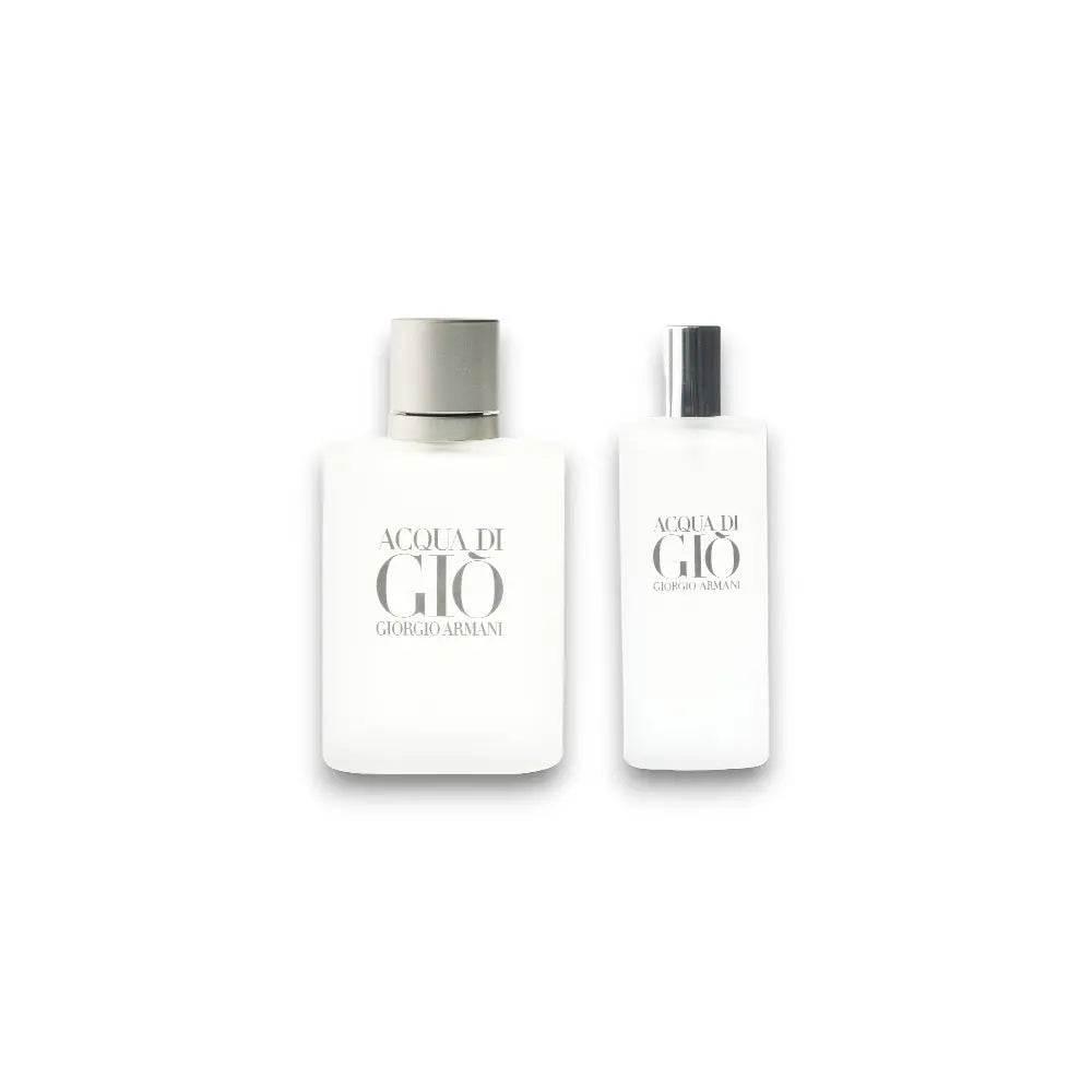 Acqua di Gio Duftset mit zwei weißen Parfumflakons vor weißem Hintergrund
