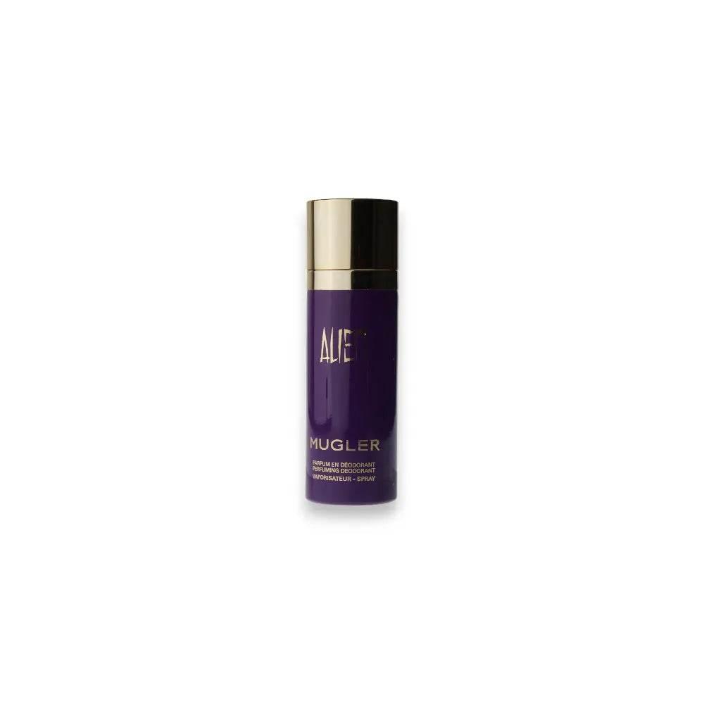 Lila Deo-Spray mit goldener Kappe und Aufschrift Alien Mugler, freigestellt auf Weiß