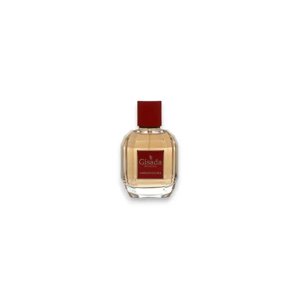 Luxuriöser Eau de Parfum Flakon mit rotem Etikett und rotem Verschluss auf weißem Hintergrund