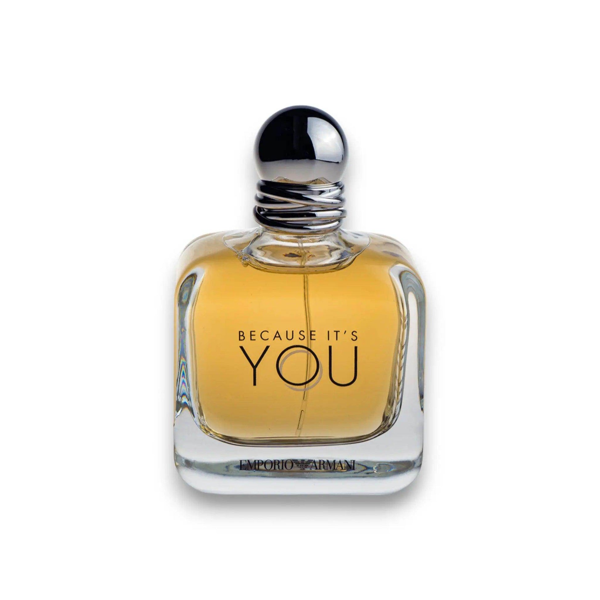Flakon Because It's You Eau de Parfum, transparent mit goldenem Duft und schwarzem Verschluss