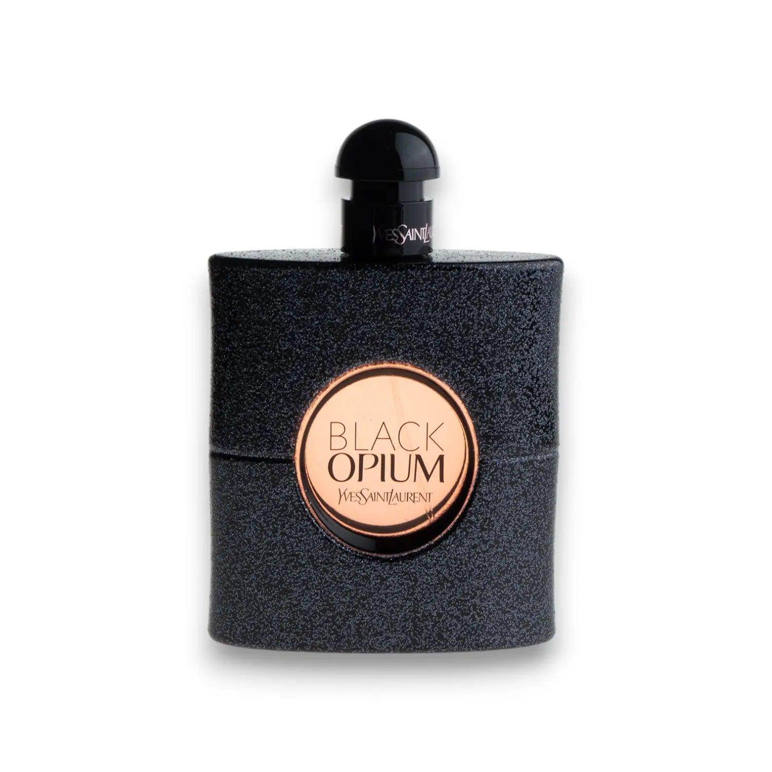 Schwarzer Parfumflakon mit schwarzem Glitzer und rundem Etikett Black Opium