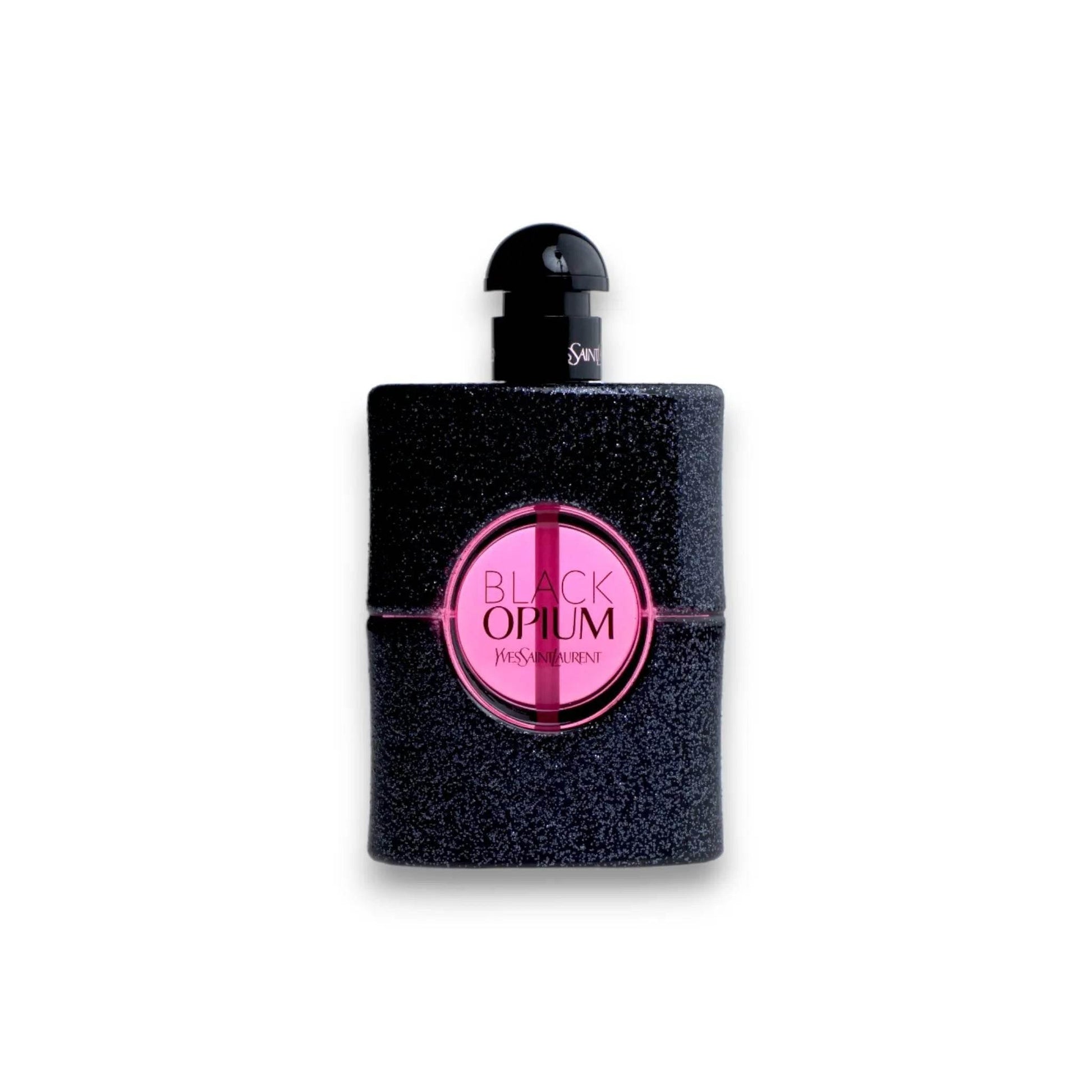Schwarzer, glitzernder Parfumflakon mit pinkem Akzent und Aufschrift Black Opium