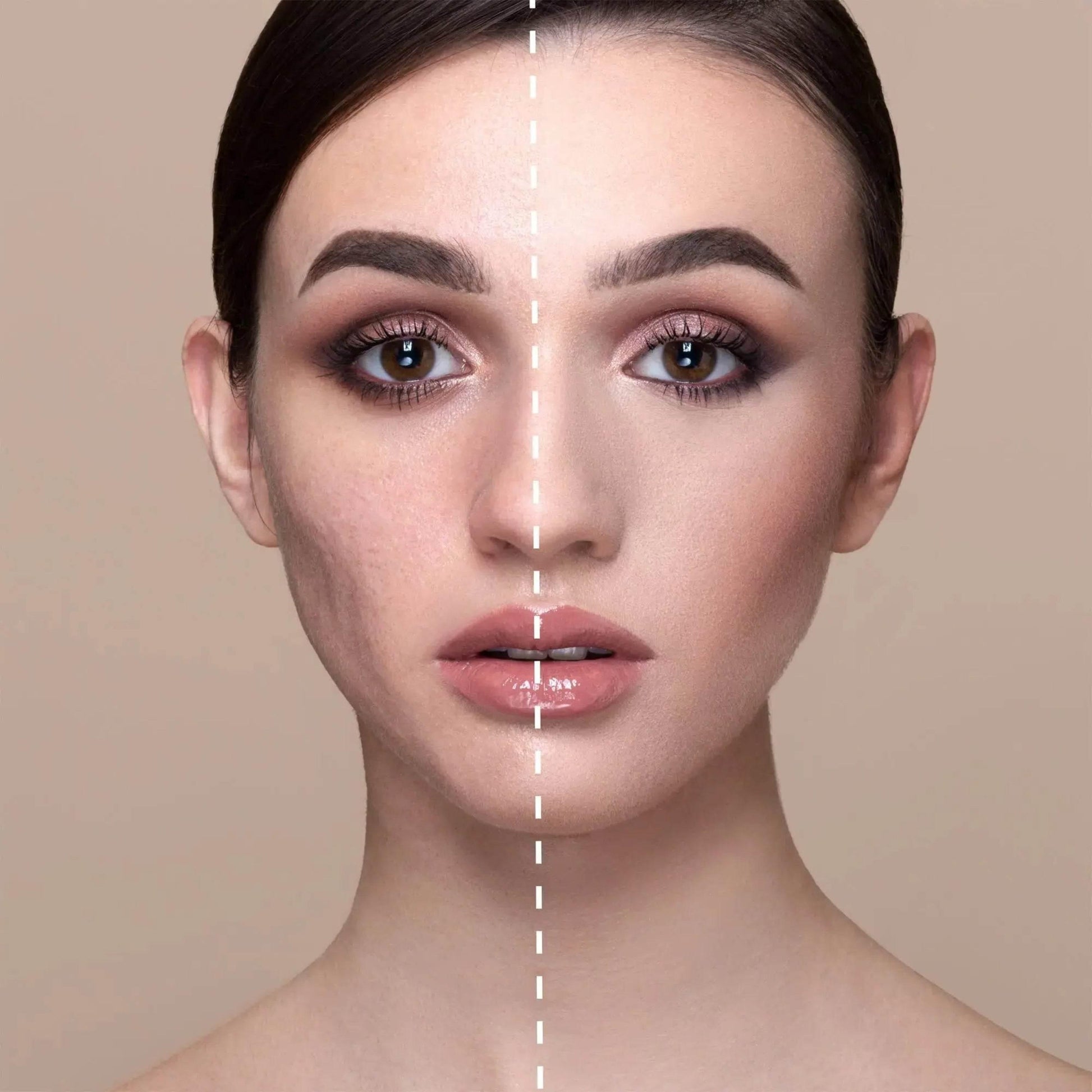 Nahaufnahme eines weiblichen Gesichts, links ohne, rechts mit Concealer, Makeup-Effektvergleich