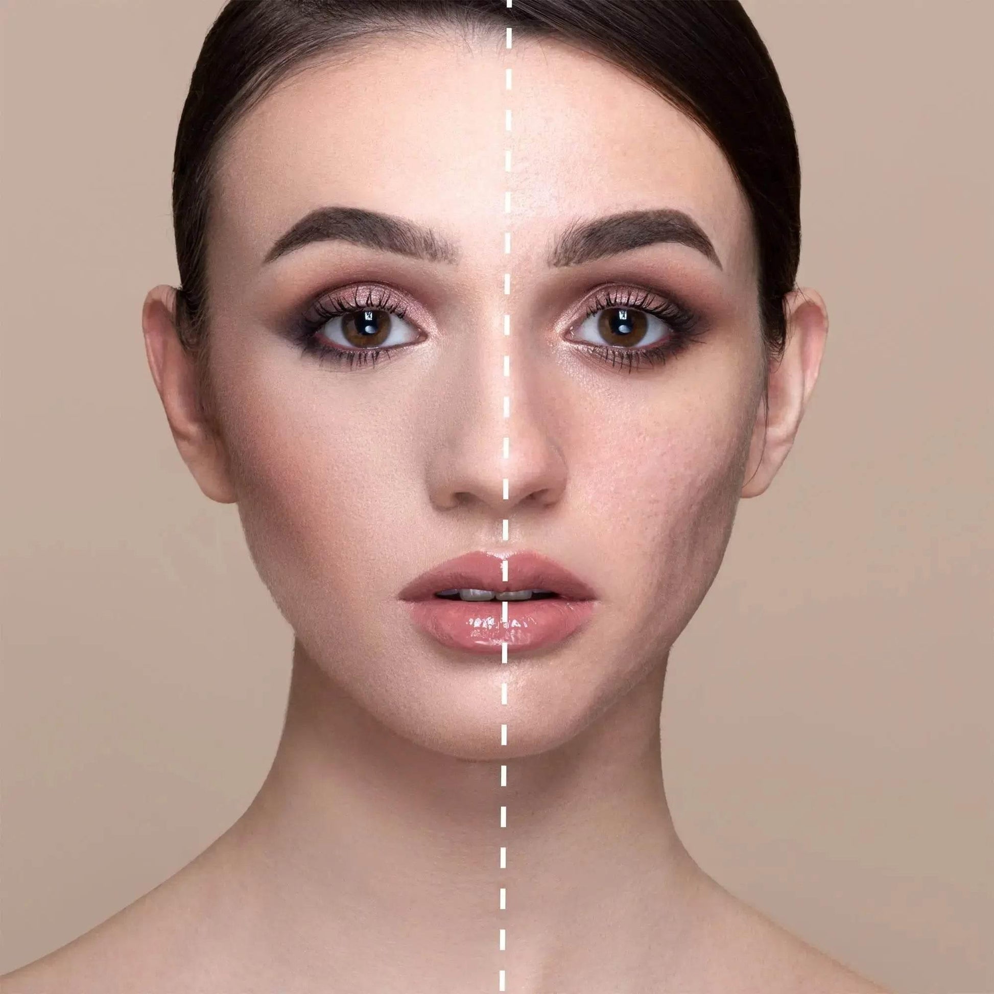 Vorher-nachher Effekt von Concealer auf halbem Gesicht, glatte und ungeschminkte Haut