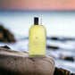 Molton Brown Cardamom & Cedarwood Duschgel auf Felsen am Strand vor Meereshintergrund