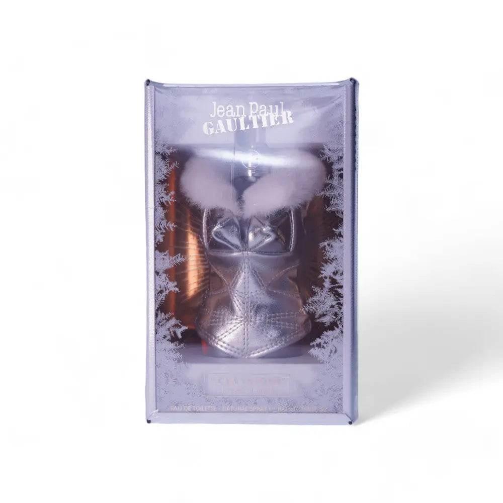 Silbernes Parfumflakon in Form eines Torsos mit weißem Fellkragen, eingeschneite Geschenkbox.
