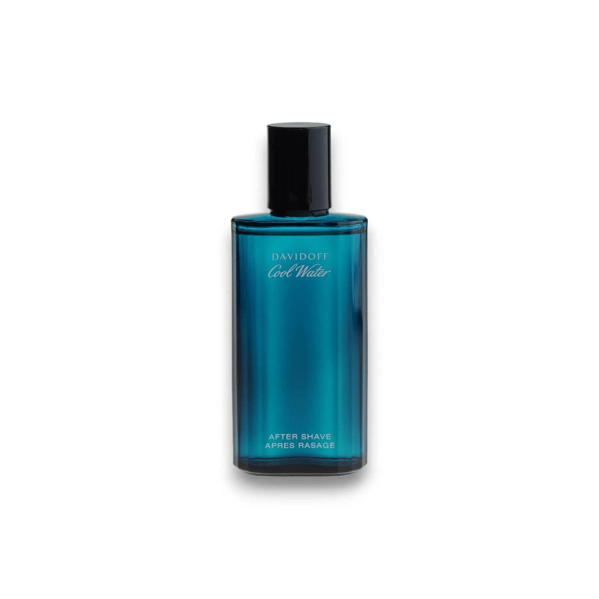 Davidoff Cool Water After Shave in blauer Glasflasche mit schwarzem Deckel, Produktfoto