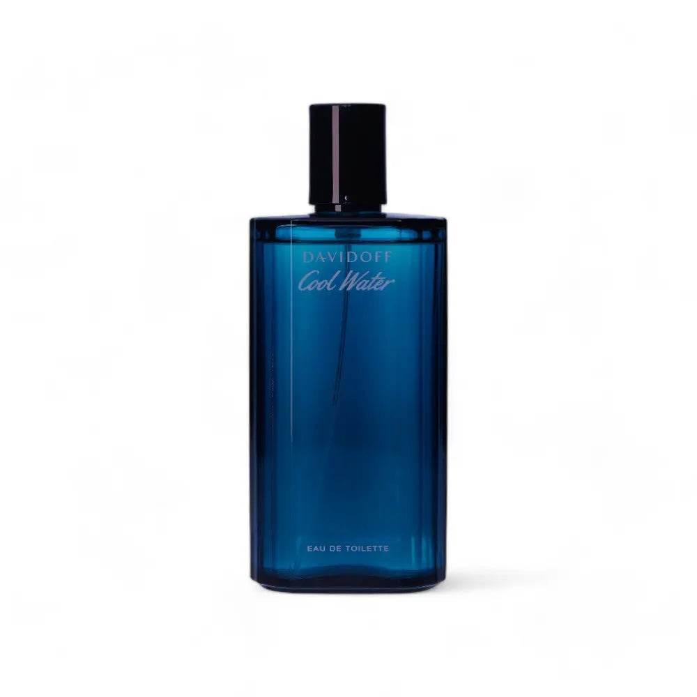 Blauer Parfumflakon Cool Water Eau de Toilette vor weißem Hintergrund, Luxusduft