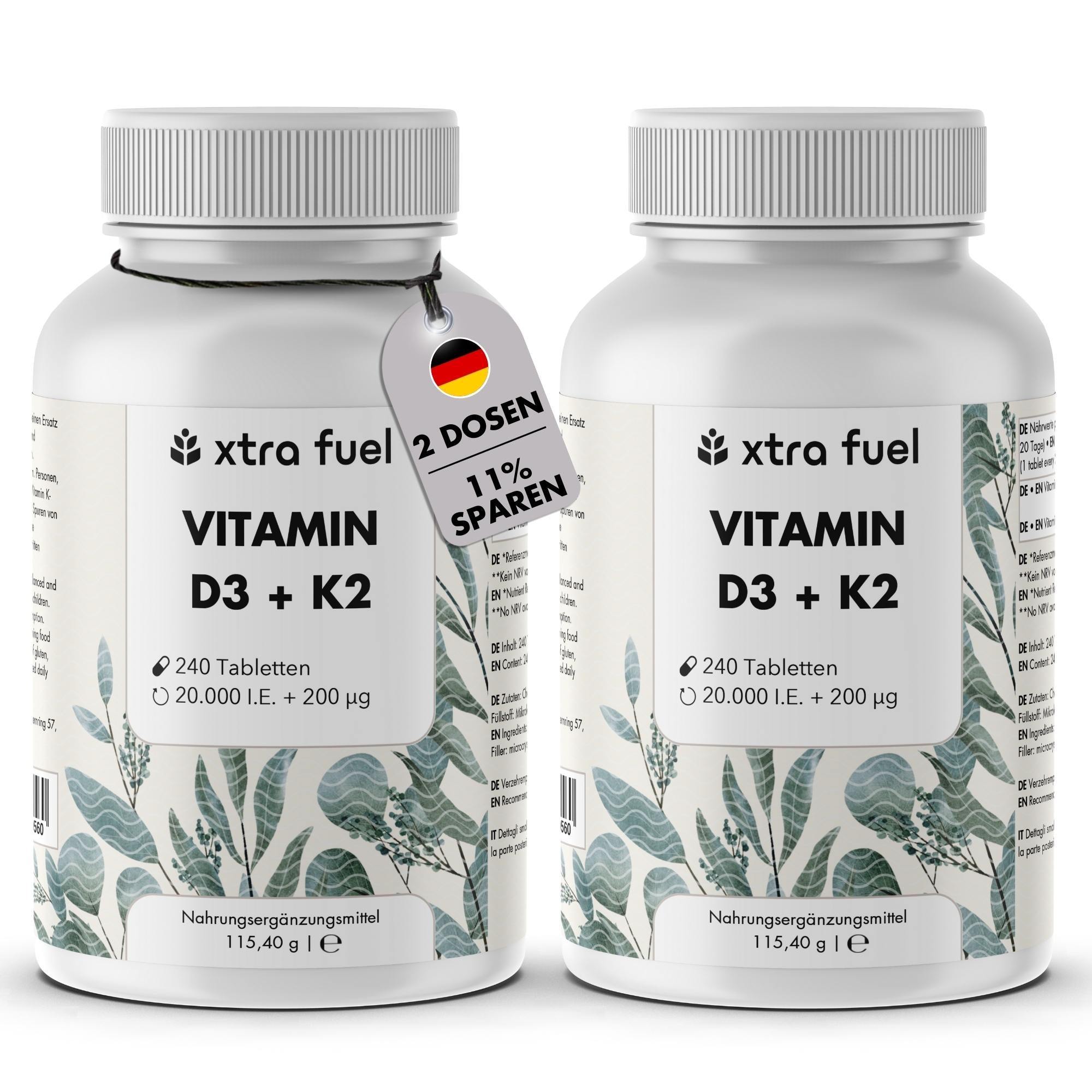 Vitamin D3 + K2 Tabletten - 20.000 I.E. + 200mcg - 100% rein & hochdosiert