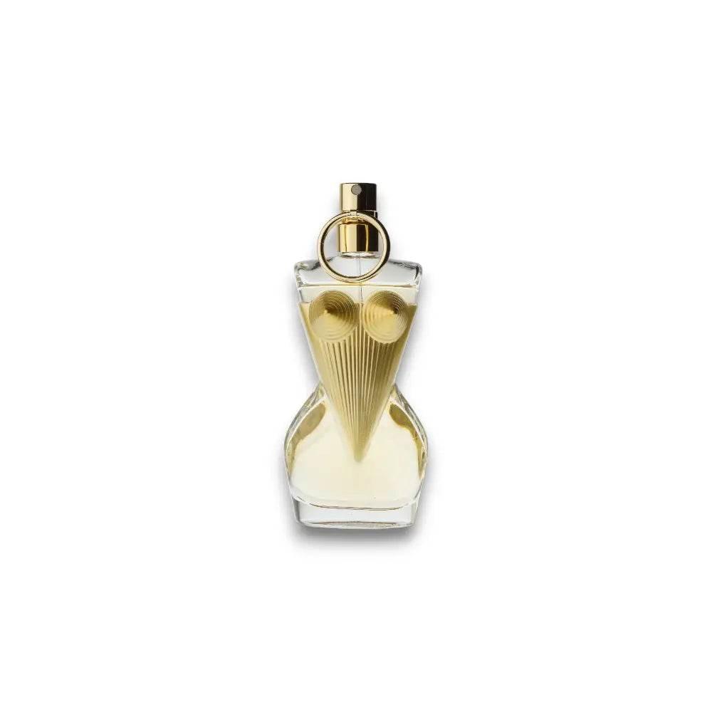 Luxus Parfumflakon in Korsettform, goldene Details, elegantes Design, vor weißem Hintergrund