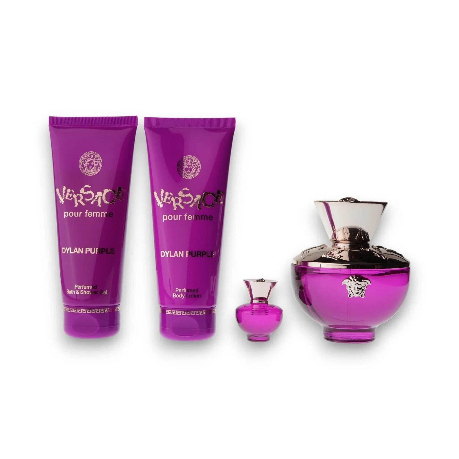 Versace Dylan Purple Pour Femme Duftset mit Parfüm, Bodylotion und Duschgel, lila Design