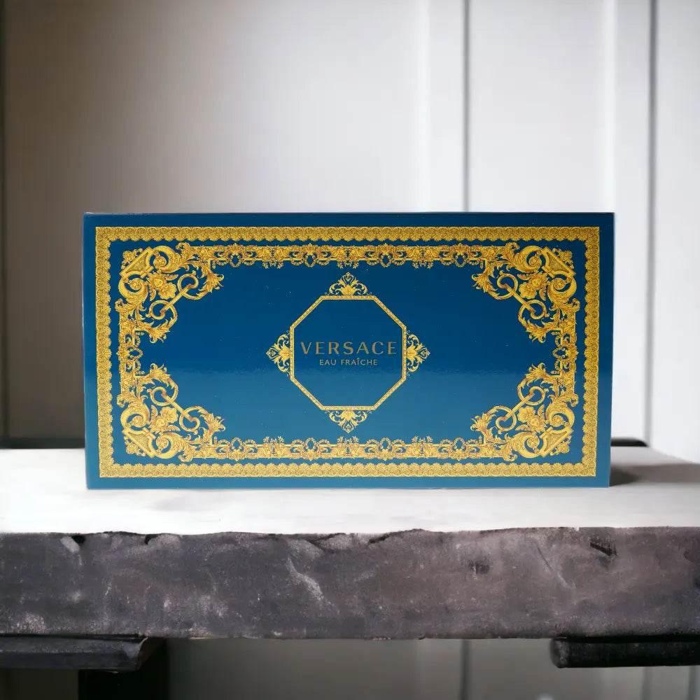 Versace Eau Fraîche Duftset Geschenkbox, blau mit goldenen Ornamenten, luxuriöses Design
