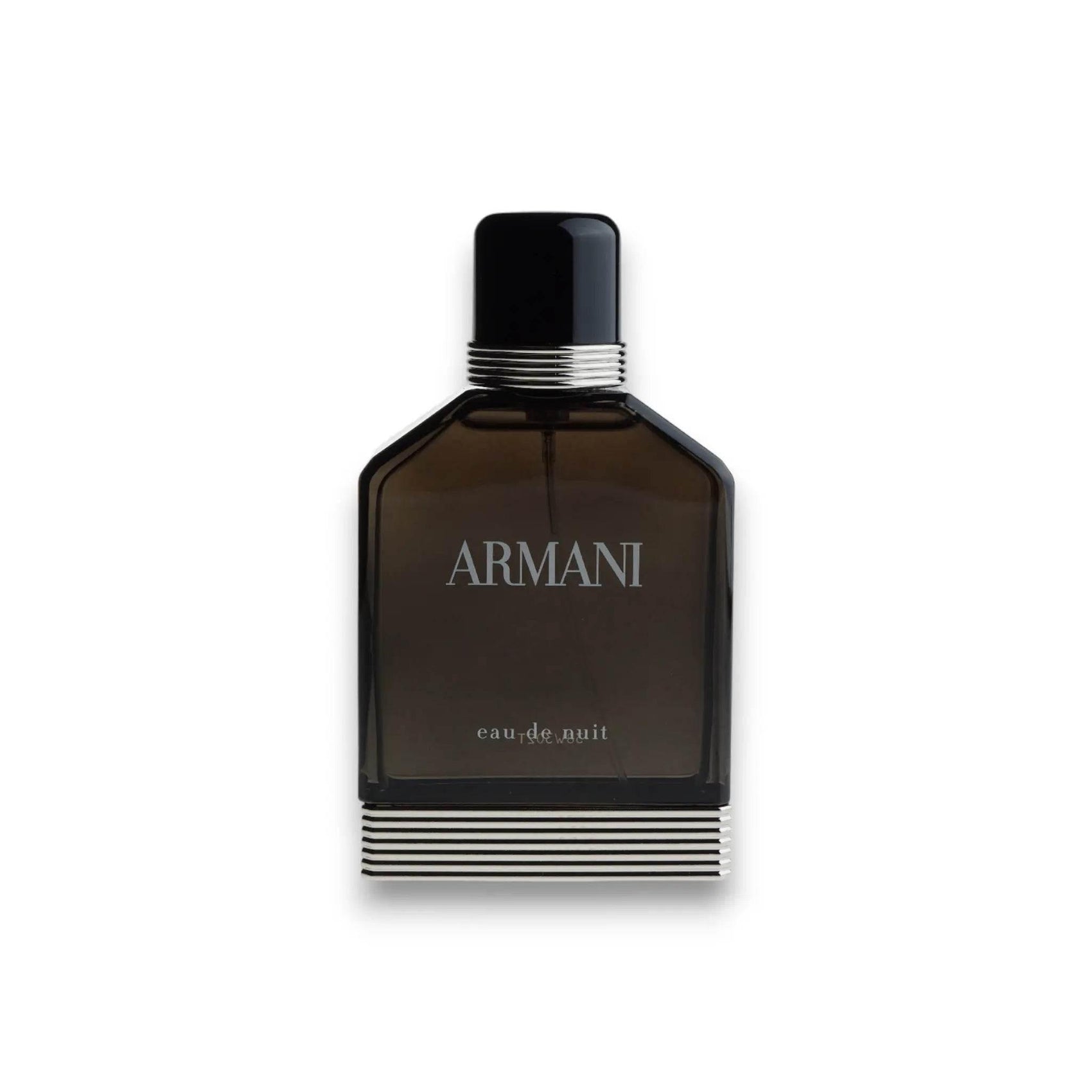 Schwarzer Armani Eau de Nuit Flakon, elegantes Herrenparfum auf weißem Hintergrund.