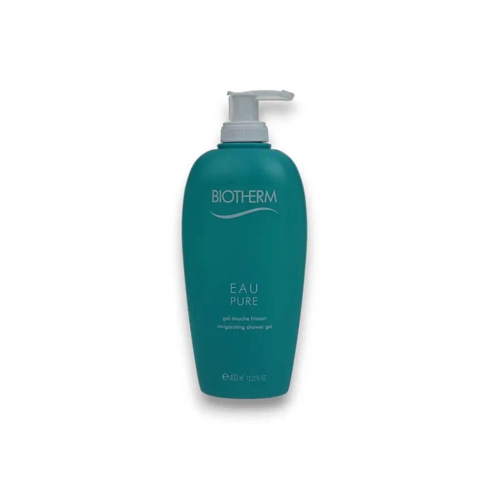 Grüne Flasche Biotherm Eau Pure Duschgel mit Pumpspender, 400ml, auf weißem Hintergrund